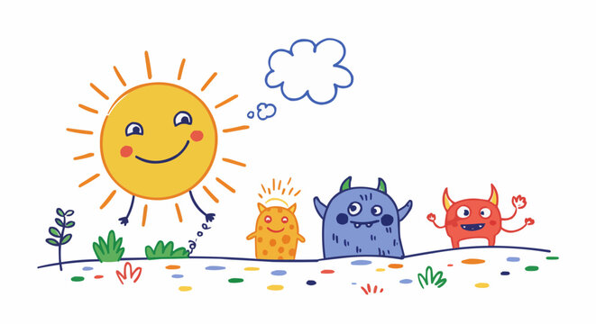 Cheerful sun and cute monsters illustration design.