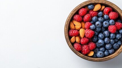 A wooden bowl filled with fresh raspberries, blueberries, and almonds against a clean, bright background, This vibrant image can be used for health-themed articles, recipes, or nutrition guides,