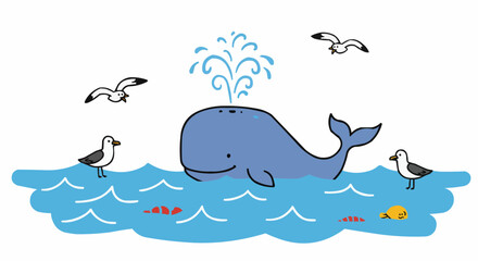 Obraz premium Happy whale spouting water with seagulls.