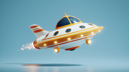 UFO Adventure: A whimsical and inviting illustration of a vintage spaceship, propelled by glowing engines, glides through a dreamlike atmosphere, its details perfectly rendered in vibrant colours.