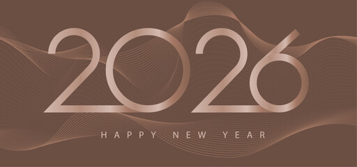 Elegant Rose Gold 2026 Happy New Year Design with Flowing Lines on Brown Background