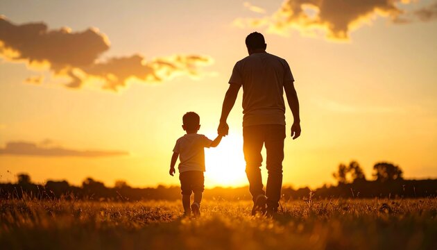 Una escena emocional al atardecer: la silueta de un niño pequeño caminando de la mano de su padre. El fondo muestra un cielo cálido con tonos naranjas y dorados