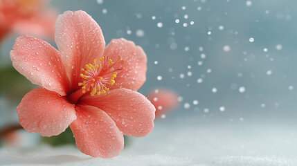 Hibiscus Bloom: Delicate petals of a hibiscus flower are showcased in soft focus against a serene, blurred backdrop, evoking a sense of tranquility and natural beauty. 