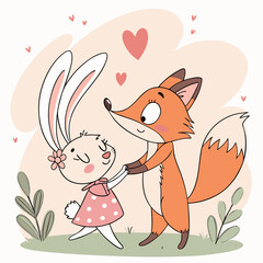 Whimsical woodland friendship: A rabbit and fox sharing a sweet moment of affection