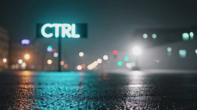 Neon "CTRL" sign illuminating foggy urban street with reflected light on wet pavement