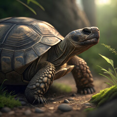 Naklejka premium Majestic Galapagos Tortoise in Lush Rainforest Habitat