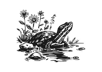 Yellow-Bellied Slider Hand Drawn Natural Illustration Vector Isolated by AZ for Books, Arts, Design and Decoration Graphic Asset