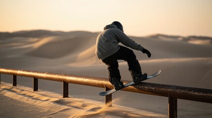 Young male snowboarder grinding rail in desert dunes at sunset