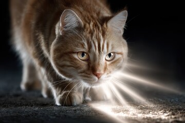 Obraz premium Curious orange tabby cat exploring a beam of light in a dimly lit room