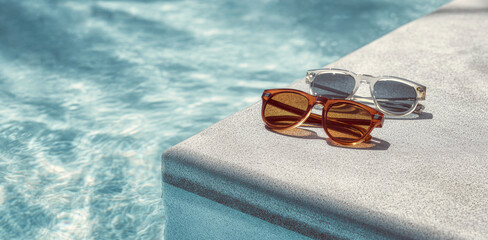 Two pairs of stylish sunglasses resting on poolside edge, capturing a sunny, relaxed summer vibe with crystal-clear water in the background.