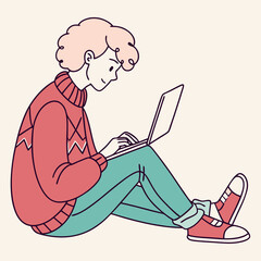 Illustration of a relaxed young person working on a laptop while sitting casually