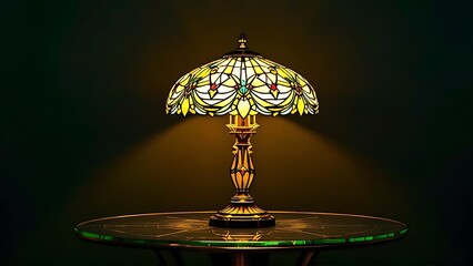 Classic stained glass table lamp glowing on green background. Perfect for vintage interior themes, antique product showcases, or retro home decor design content
