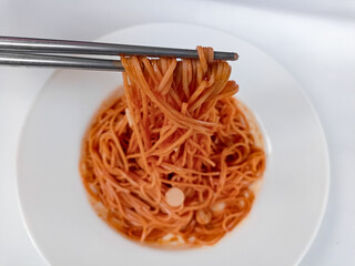 spaghetti pasta chicken tomato sauce fresh healthy meal food snack diet on white background copy space food background rustic top view