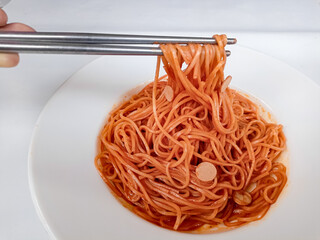 spaghetti pasta chicken tomato sauce fresh healthy meal food snack diet on white background copy space food background rustic top view