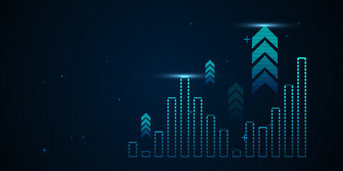 A glowing blue bar chart with rising columns on dark background, symbolizing data growth and financial progress.. vector illustration