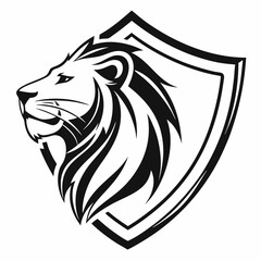Obraz premium Majestic Lion Head Graphic in Shield, Symbolizing Strength and Protection in Black and White
