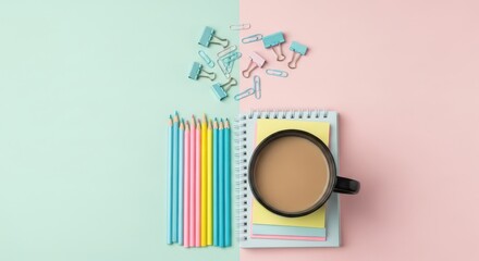 Obraz premium Coffee mug and colorful pencils on a pastel background