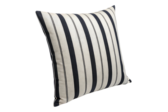 Close up of a square pillow with navy blue and white vertical stripes on a black background