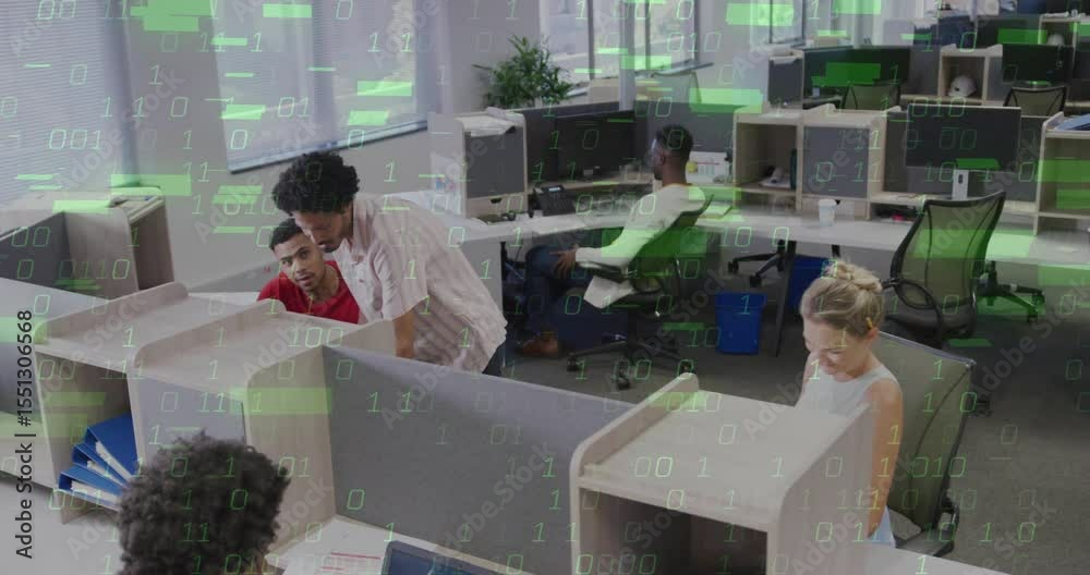 Poster binary code floating in tech office overlaying systems and merging data while coworkers working