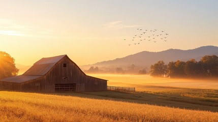 A tranquil sunrise over a rustic barn surrounded by golden fields and distant mountains.