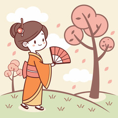 Charming geisha illustration in a serene landscape with blossoming trees scene