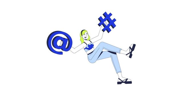 Happy learning programming 2D animation. IT school course. Coder girl. Social media. Woman holding at sign and hashtag animated character cartoon flat concept metaphor 4K video isolated on white