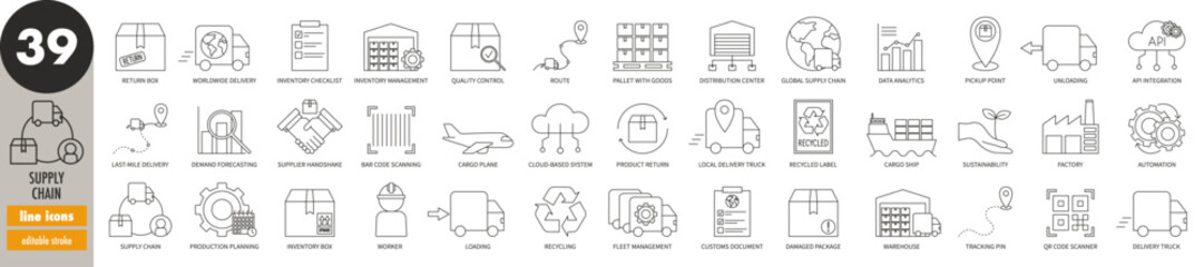 Supply chain - editable stroke thin line icons set. Warehouse, fleet, cargo plane, cargo ship, production, delivery, automation, sustainability, factory, distribution, inventory, vector illustration