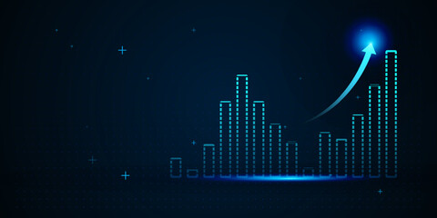 a futuristic bar chart with vertical blue dotted bars rising against a dark digital grid background. vector illustration