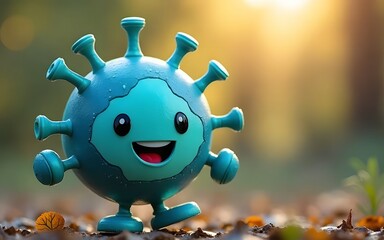 A cheerful cartoon microbe character with a friendly smile stands amidst fallen leaves on the ground, radiating a positive outlook in an autumn setting outside.