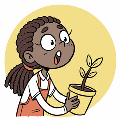 Astonished girl observing the growth of a tiny plant in a terracotta pot