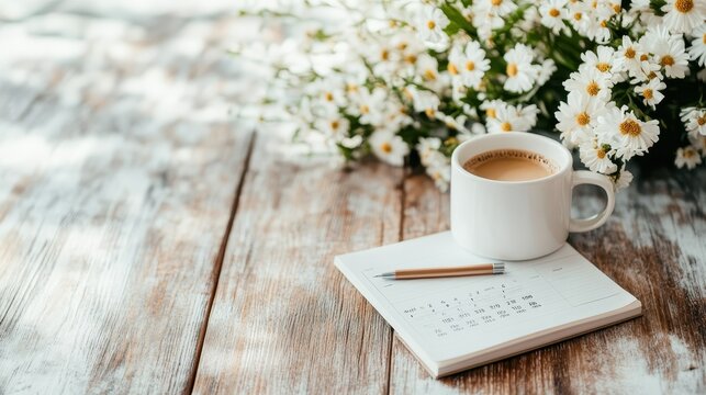 An inviting composition featuring a cup of coffee next to a planner and fresh flowers, capturing a moment of comfort, productivity, and natural beauty in a serene environment.