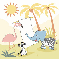 Cheerful Jungle Animals Displaying a Blank Banner under the Tropical Sun and Palms