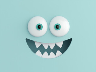 Funny cartoon monster face smiling with big eyes and sharp teeth