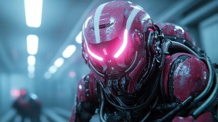 A striking image of a futuristic red robot character, embodying advanced technology and design, set against a sleek, modern backdrop in an imaginative realm.