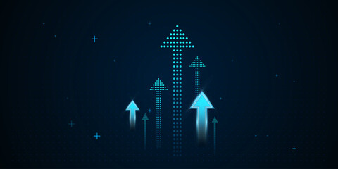 The arrows vary in size and brightness, creating a dynamic effect that conveys upward momentum and digital advancement. The multiple glowing blue dots arrows, vector illustration