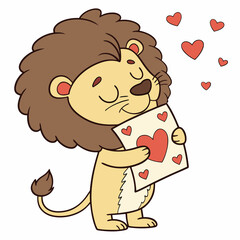 Adorable lion in love holding heart-covered card surrounded by floating hearts
