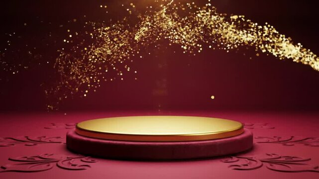 Indian wedding invitation with golden sparkle arch frames and circular pedestal on pink background. Ideal for elegant wedding designs.