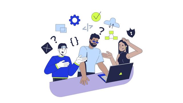 Learning to code in group 2D animation. IT school course. Collaborative development. Diverse programming team discussion animated characters cartoon flat concept metaphor 4K video isolated on white