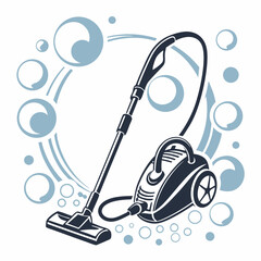 Stylized vacuum cleaner icon surrounded by clean graphic elements design