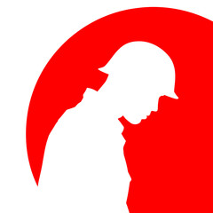 Soldier silhouette in white, against a red circle.