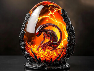 Xenomorph figurine hatching from egg-shaped lamp with lightning effect