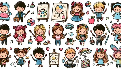 Fototapeta premium Children's drawing, graphic collection of little artists, high detail strokes. Children's drawing, cute doodles, kindergarten or elementary school level drawing. Vector graphic set, cute illustrations