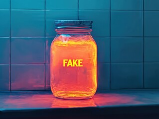 A vibrant jar filled with bright liquid labeled 'FAKE', against a tiled backdrop.