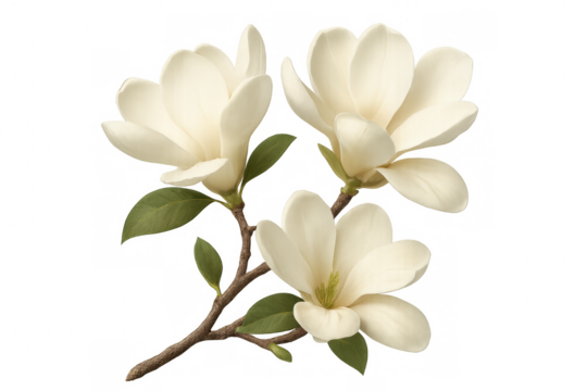 Magnolia blossoms blooming, delicate white petals spreading against verdant foliage, nestled on slender branch with pristine background