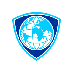Blue globe inside the shield protection vector logo
