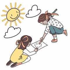 Fototapeta premium Children's Art Project: Two Girls Drawing Under a Cheerful Sun and Playful Clouds
