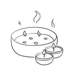 Line Art Drawing Three Candles Burning in Bowls black and white