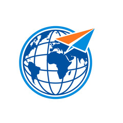Paper plane with globe incorporating vector logo