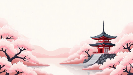 wallpaper background  template featuring japanese cherry blossom, temple  in gradiant pink color