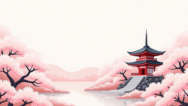 wallpaper background  template featuring japanese cherry blossom, temple  in gradiant pink color